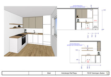 CAD Anschlussplan für kleine L-Küche in weiß und Eiche von Schreinerei Holzdesign Ralf Rapp in Geisingen 