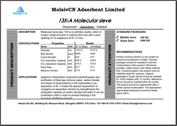 MolsivCN 13X-Type Molecular Sieves Specification Technical Data Sheet(TDS)