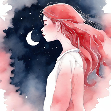 Mädchen, das vor dem Sternenhimmel mit Mondsichel steht.