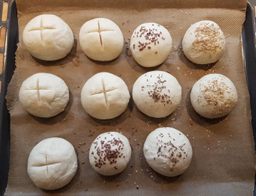 Teiglinge für Brötchen vor dem Backen