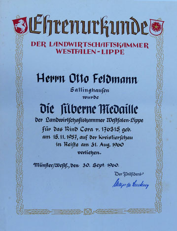 Ehrenurkunde für das Rind "Cora" im Jahr 1960