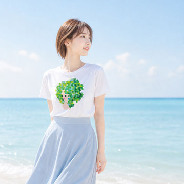  海でおしゃれなTシャツを着た女性,緑色の髪,NFT,デザイン,イラスト,キレイめスカートに似合う