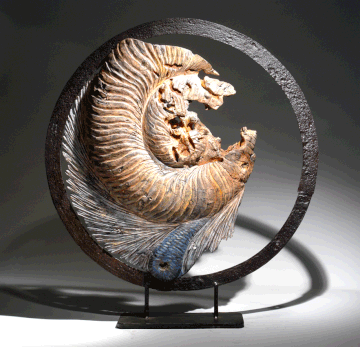 "Origine" L x l x h : 75 x 12 x 85 cm - 2008 Loupe d'orme, acier, pigments. Evoquant un fossile, cette œuvre est uniquement sculptée et travaillée en polychromie.  La spirale nait d'un chaos constitué