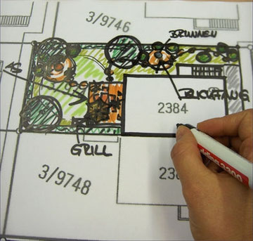 Handzeichnung, Skizze, Plan, Gartengestaltung, kreativ, Varianten