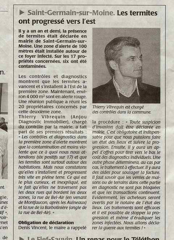 Article du Courrier de l'Ouest du 09 décembre 2011 concernant la lutte contre les termites à St Germain sur moine