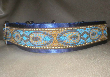 Halsband, Hund, Martingale 4cm breit, Gurtband marine-blau, Borte in blau-gold Tönen