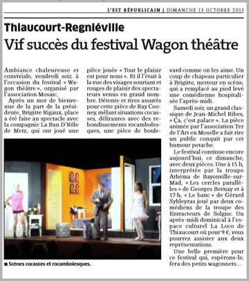 Tout le plaisir est pour nous ! Cie LA BAN D'RÔLE -  représentation donnée à THIAUCOURT-REGNIÉVILLE 54470- article de presse "L'EST RÉPUBLICAIN" - 13.10.2013