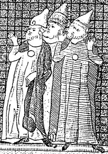 Mittelalterliche Sondertracht mit Spitzhut und "Judenring" (aus: Die Juden in der Kunst Europas, S. 97)