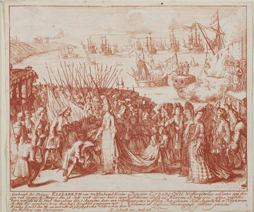 Elisabeth Christinas Ankunft in Barcelona 1708 -  Stich von Peter Schenk