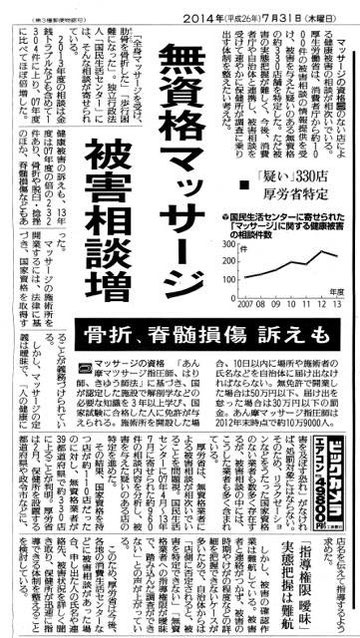 あじさい鍼灸マッサージ治療院　２０１４年７月３１日新聞報道