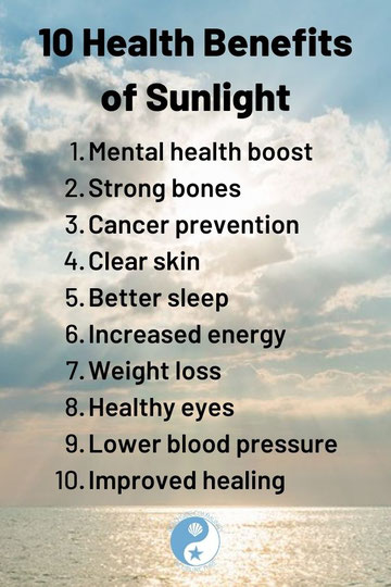 10 Health Benefits of Sunlight listed over the ocean reflecting sunshine