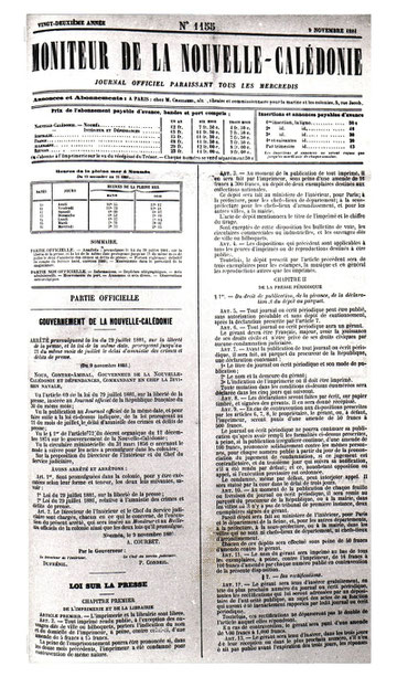 D23 - Le Moniteur du 9 novembre 1881 : publication de la loi sur la presse.