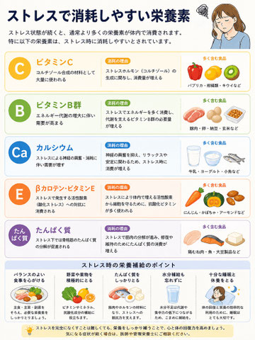 ストレス状態が続くことで消費される栄養素の説明画像