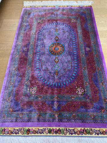 ペルシャ絨毯 ラグ マット クム シルク ネイビー×コニャック ② クム産