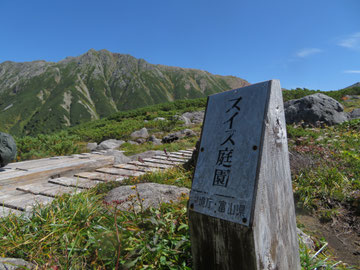 スイス庭園より水晶岳を望む