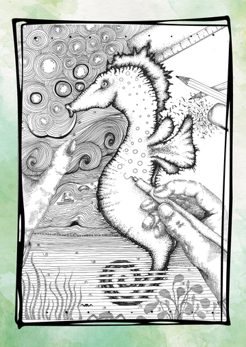  Postkarte "Seepferdchen in progress" Vorderseite S/W Zentangle zeichnen Stift Lineal