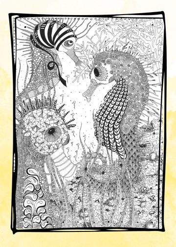  Postkarte "Seepferdchentratscherl" Vorderseite S/W Zentangle Unterwasser Seepferdchen