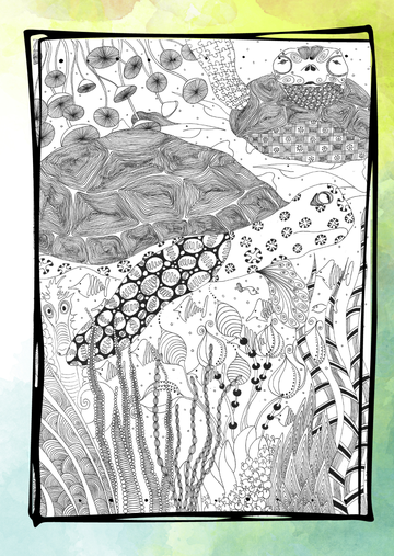  Postkarte "go with the flow" Vorderseite S/W Zentangle Schildkröten Wasserschildkröten Wasser Unterwasser