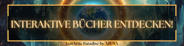 Interaktive Bücher entdecken – LunArtic Paradise by AZUNA und Yasmin Kurul Mendoza. Klickbutton im Fantasy-Style mit offenen magischen Büchern, leuchtendem Rahmen und Kerzenlicht.