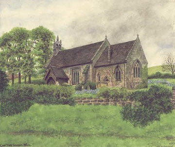St Michael’s Church, Cofton Hackett - painted in 1928. Grateful thanks and acknowledgements for the use of this image to E W Green, Historic Buildings in Pen & Ink - The Work of William Albert Green. See Acknowledgements for a link to this site.
