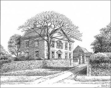 18th-century Tinkers Farm, demolished in 1940, and The King's Highway Hotel built on the site - drawn 1940. Grateful thanks for the use of this image to E W Green, Historic Buildings in Pen & Ink - The Work of William Albert Green. See Acknowledgements.
