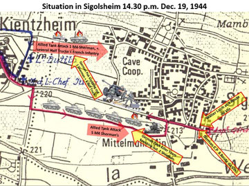 Sigolsheim Situation on Dec. 19, 1944 around 14.30 in the afternoon. The 5 M4 Sherman tanks of L’Aspirant Camille Girard in the South near the Mittelmill.