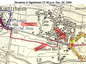 Sigolsheim Situation on Dec. 19, 1944 around 17.30 in the afternoon. Three M4 Sherman tanks of L’Aspirant Camille Girard's platoon are buring, two knocked out by Walter Laich in front of the German C.P.