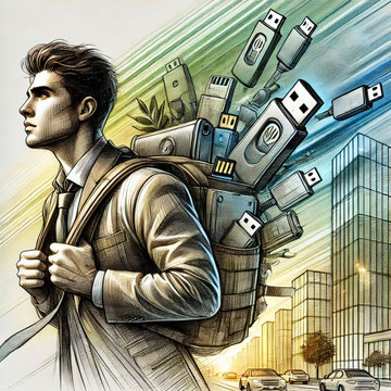 un joven con una mochila llena de USBs para poder cargar con toda su informacion