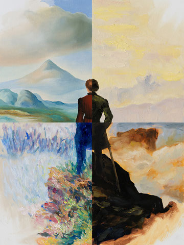 Digital zusammengesetzes Cover der Zeitschrift aus den Fotos von vier Bildern im Format 30 x 24 cm in unterschiedlichen Malstilen, die zusammen das Motiv von Caspar David Friedrichs Gemälde "Der Wanderer über dem Nebelmeer" zitieren.