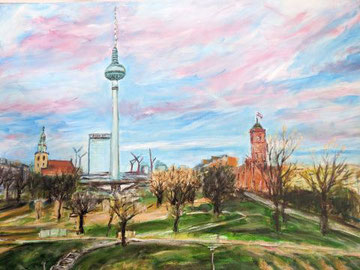 Berlin, Alexanderplatz, Fernsehturm, Rotes Rathaus, Marx-Engels-Forum, Marienkirche, Park Inn, Baukraene, Herbst, Baeume, Wege, Treppe