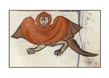 Hybride à tête humaine, avec des ailes de chauve-souris, des pattes griffues et une longue queue poilue  menaçant décorant la marge d'une Bible parisienne du XIVème siècle.