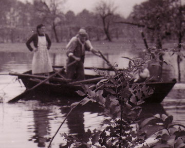 Esondazione del Lago Maggiore 14 novembre 1951 . Sulla barca, con me bambino nascosto dalle foglie, c'é mia mamma e il nonno Ricolin