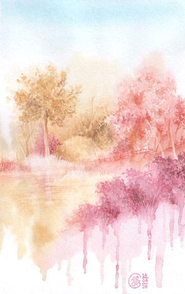 Aquarellbild "Dreamer's Pool": träumerische Szene eines bewaldeten Seestückes, im Vordergrund verläuft die Farbe nach unten