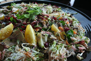 Dandelion and radicchio topped with sprouts, yellow cherry tomatoes, carrot greens and wasabi ginger nut dressing