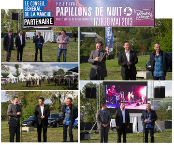 Jeudi 16 mai, inauguration du festival Papillons de Nuit 2013 aux côtés du maire de St Laurent de Cuves, Franck Esnouf, et de Patrick Hamelin l'organisateur du festival