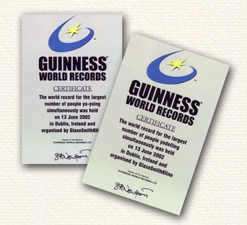 Guinness World Record certificates for Mass yodel and Mass Yo Yo