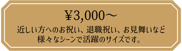 フラワーアレンジメント　3,000円　近しい方へのお祝い、退職祝い、お見舞いなど様々なシーンで活躍のサイズです。