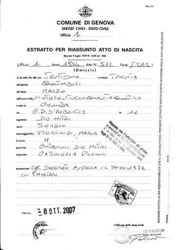 Atto di nascita di Sergio de Mitri , figlio di Giovanni e Gabriella Poloni , 1954