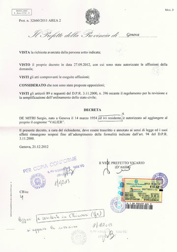  Decreto del Prefetto di Genova che autorizza l'aggiunta del cognome Valier 