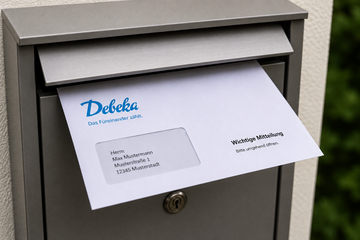 Debeka Gebäudeversicherung Kündigung – offener Briefkasten mit Kündigungsschreiben vor deutschem Einfamilienhaus.