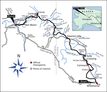 a map of the yukon quest trail from qhitehorse to fairbanks alaska to canada