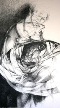 Wickelfisch (Schwarzmine auf Papier, 150 x 90 cm)