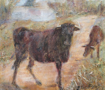 Black Bulls of the Camargue, 08/2007 _____ 60x70 acrylic, paper, sand, hay, black lava on cotton