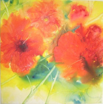 Mohnblumen rot Nr. 1, Aquarell auf Leinwand, 80 x 80 cm, Beatrice Ganz