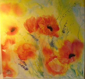 Mohnblumen rot Nr. 2, Aquarell auf Leinwand, 80 x 80 cm, Beatrice Ganz