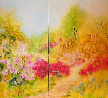 Japanischer Garten,  Aquarell auf zwei Leinwänden, 50 x 100 und 60 x 100 cm, Beatrice Ganz
