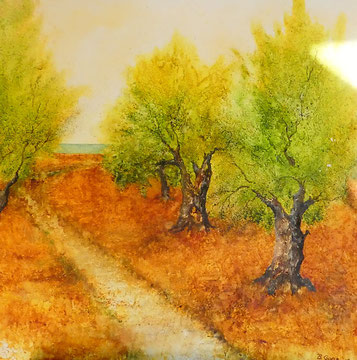 Olivenhain in Israel, Aquarell auf Leinwand, 80x80, Beatrice Ganz, 2018