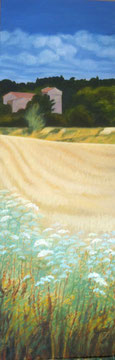 Blés de Cazaban, Huile sur toile 50x120cm Sylvie Berman artiste peintre