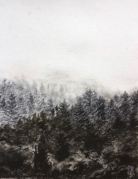 Matin de neige fusain ,pastel  35x25 cm Sylvie Berman artiste peintre