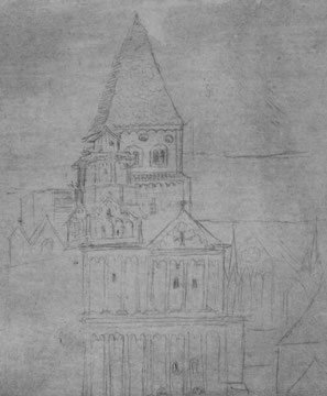 Klosterkirche Maursmünster, von Südwest gesehen, Detail eines Skizzenblattes